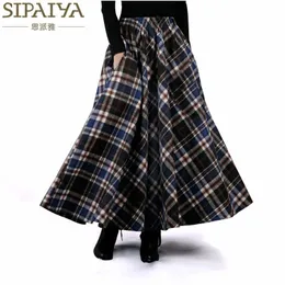 Wholesale- 2017秋冬女性スカート50スヴィンテージとウールマキシ弾性ウエスト格子縞の古典的な厚い暖かいザワロンダ