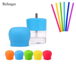 Behogar Reusable Universal Silicone Bole Lids Soft Spout Stretch Tops Lids with Straw for Children Baby Kids Water Leakproof