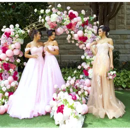 Blush Pink Wedding Party Sukienki Koronkowe Aplikacje Off Ramię Tulle Długość Druhna Dresses Uroczy Seksowna A-Line Maid of Hornor Dress