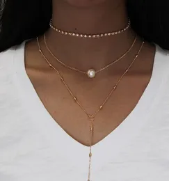 Ny stil europeisk och amerikansk clavicle halsband set kristall hängsmycke med tre lager pärlhalsband smycken mode klassisk utsökta