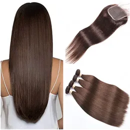 Chokladbrun Virgin Indian Human Hair 3 Bundle Deals med 4x4 Lace Closure Silky Rak # 4 Mörkbrun vävbuntar med stängning