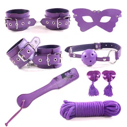 ボンデージ光沢のある革7pcの包帯セットツールの拘束おもちゃ紫色のスレーブシャックル#R87