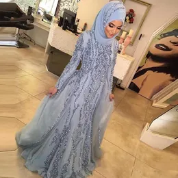 Mermaid Muslim Dresses Disco alto Manga longa lantejoulas e vestidos de baile de miçangas Tulle Sweep Abic Aberic Evening Desgaste 415
