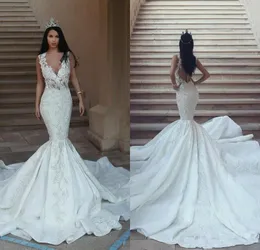 Mamad Sexy Mermaid Dresses Deep V Neck Floor Length Illusion Button Back Wedding Bridal Gowns Vestidos de Noiva Estidos