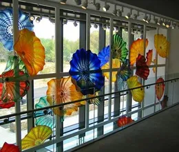 100% Altro Illuminazione per interni Piatti in vetro di Murano soffiato a mano Art Hanging Wall Dale Chihuly Style Borosilicate Blue Flower