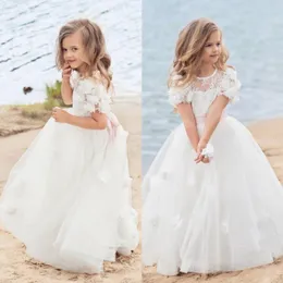 Прекрасный кружева Принцесса цветочница платья для свадьбы с короткими рукавами 3D аппликация малыша театрализованное платья тюль дети Причастие платье
