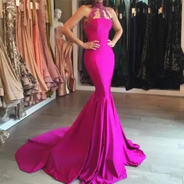 Długa syrenka Fuchsia Prom High Neck Lace Applaped Bezpośrednie sukienki wieczorowe Eleganckie formalne zużycie
