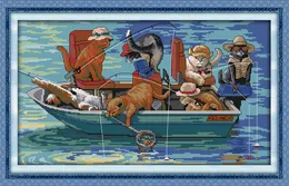 Рыболовные кошки мультфильм животных домашнего декора картины, ручной работы крестом ремесла инструменты вышивка рукоделие наборы подсчитанные печати на холсте DMC 14CT / 11CT