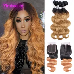 Brazylijskie nieprzetworzone ludzkie włosy 3 wiązki z koronką 4x4 1b 27 Virgin Hair Body Wave Lace Zamknięcie z wiązkami 10-28 cali 1B/27 Kolor