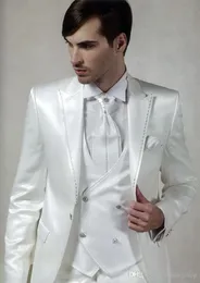 Brand New Shiny White Men 3 Piece Suit Smoking Ślub Smokingi Doskonały Groom Tuxedos Peak Lapel One Button Men Blazer (Kurtka + Spodnie + Kamizelka + Kamizelka) 512