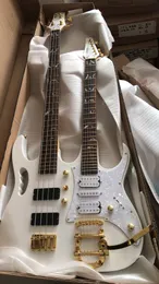 Rare Sharnel 77V White Double Neck Electric Guitar 6 StringsGuitar & 4 Strings Bass, Bigs Tremolo Tailpiece, HSH Pickups, Gold Hardware