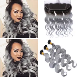 #1B/Grey Ombre Peruvian Virgin Human Hair Weaves Body Wave with Frontal Black and Silver Grey Ombre 13x4 Lace Frontal Closure with 3Bundles