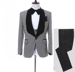 Dostosuj Houndstooth Groom Tuxedos Szal Lapel One Button Side Vent Men Wedding Blazer Mężczyźni Prom Dinner Business Garnitur (Kurtka + Spodnie + Kamizelka + Kamizelka)