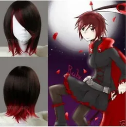 RWBY Ruby kort rak peruk Mörkbrun och röd syntetisk anime cosplay peruk