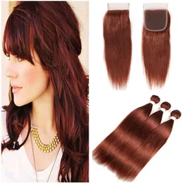 #33 Dark Auburn Virgin Peruvian Hair Weave Bundles with Lace Closure 4x4 Straight Copper Red Human Hair 3 Bundle Deals with Closure