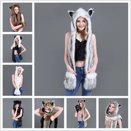 Mulheres Faux Fur Hat Up Capuz Animal Chapéu Lobo De Pelúcia Animal Quente Cap Com Luvas Cachecol Partido Ao Ar Livre Lenço Mittens 13 estilos mk718