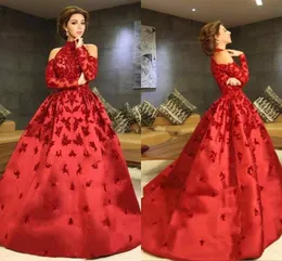 2018 vestidos de noite formal vermelhos pescoço vermelho mangas compridas cetim apliques vestidos de festa de baile vestido de festa