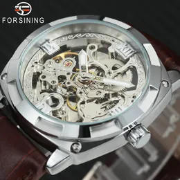 2018 Forsining Top Auto Mechanical Watch Men Läderband Skelett Tonneau Dial Classic Vintage Armbandsur