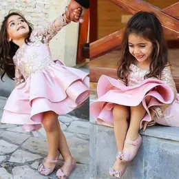 Long Sleeves Pink Flower Girl Dresses Special Occasion For Weddings Lace Appliqued Kids Pageant Gowns Knee Length Party Communion Dress