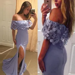 Lavender Mermaid Lace Prom Dresses Off The Shoulder Side Split Evening Gowns Sweep Train Vestidos De Fiesta Custom Made Formal Dress 407