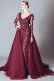 Elegant Backless Burgundy Lace Formal Celebrity Evening Dresses V Neck Long Sleeves Middle East Arabic Prom Party Gowns DH4111