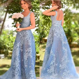 Light-Blue Long 2018 Prom Dresses Square Neck Koraliki Koronkowe Aplikacje Patrz Party Dress Sexy Backless Tulle Suknia Wieczorowa Rates De Soirée