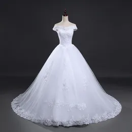 Linia White Ivory Cap Ramię Podłoga Lehgth Long Train Lace Up Powrót Koronki Aplikacja Suknia Ślubna Bridal Wedding Obudowa Plus Size Custom