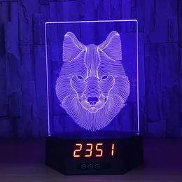 オオカミ時計3DイリュージョンナイトライトLED 7色変更デスクランプホームの装飾＃R42