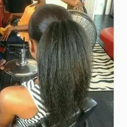 Ciemnobrązowy Włoski Yaki Ludzki Włosy Kinky Prosto Clip W Naturalnym Szorstkim Yaki Virgin Włosy Wrap Sznurek Ponytail Hair Extensions 120g