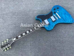 Custom RD Type Trans Blue Quilted Maple Top E-Gitarre, fliegende F-Loch-Kopfplatte, Tuilp-Mechaniken, Griffbrettblockeinlage aus Ebenholz
