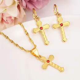 New african Jewelry Sets 14k Yellow Solid gold Fine Filled crystal Cross redzircon Pendant Necklace Chain kids party Dubai Arab gift