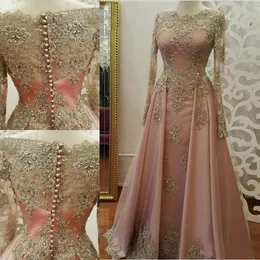 Gratis frakt Modest Blush Pink Prom Klänningar 2019 Långärmade Snören Applikationer Crystal Formell Party Dresses Evening Wear Vestidos de Novia