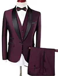 Burgundia Ślub Tuxedos Slim Fit Męska Business Suit Kurtka + Spodnie + Krawat Przystojny Męskie Garnitury Wiosna 2019 Gorąca Sprzedaj Garnitury Ślubne Groom