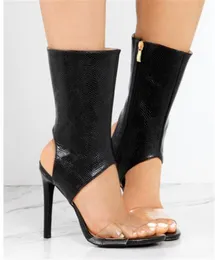 Design de moda aberta nova mulher de dedão PVC PVC Transparente Thin Short Gladiator Boots
