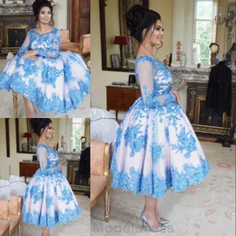 2018 Saudiarabien Prom Klänningar Långärmad Pärlor Lace Appliques Bollkakor Kvällsklänningar Glamorösa plusstorlek Tea Length Party Gowns