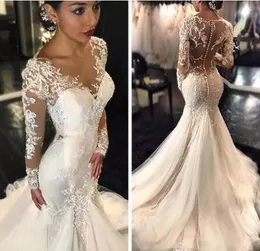2018 New Gorgeous Lace Mermaid Wedding Dresses v neck Dubai African Arabic Style Petite Long Sleeves Natural Slin Fishtail Bridal Gowns