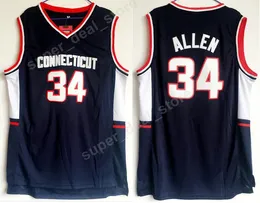 Män basket 34 Ray College tröjor UConn Connecticut Huskies Allen Jersey Navy Blue Color Team All Ed Sport
