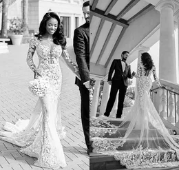 2019 African Mermaid Wedding DressesSheer Jewel Neck Lace Appliques Sweep Train Beach Wedding Dresses Long Sleeve Boho Bridal Gowns Cheap