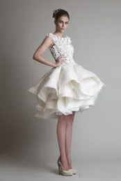 Krikor Jabotian 빈티지 짧은 웨딩 드레스 보석 넥 환상 레이스 레이스 아플리케 3D 꽃 계층 주름 오간자 플러스 크기 신부 가운