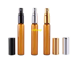 200PC / Parti 5ml 10 ml Amber Glass Spray Bottle Emtpy Refillerbara Parfymflaskor med full täckning Alumium Cap 17mm Diamemater