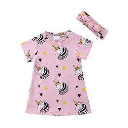 2018 unicorn klänning för barn tjejer bomull kortärmad sommar sundress rosa party klänning med huvudband söta toddler barn kläder 2-5t