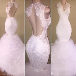 Gorgeous White Lace Prom Dresses Deep V Neck Otwórz Sexy Back Mermaid Sweet Dress Puffy Tutu Tulle Sweep Train Backless Party Dress