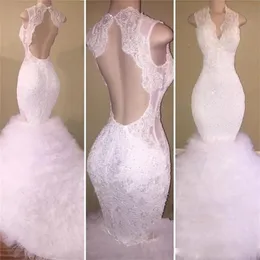 Vacker vit spets prom klänningar djup v nacke öppen sexig tillbaka sjöjungfru kväll klänning puffy tutu tulle sweep train backless party klänning