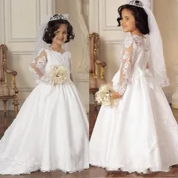 Flower Vintage White Girls For Weddings A Line Satin Long Sleeves Lace Pageant Princess Dresses Girl First Communion Dress