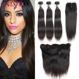 10A Nature Color Brazilian Straight Virgin Human Hair Bundles with Closure Unprocessed Hair Extensions Straight 3 Bundles with Lace Frontal