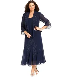 Dark Navy Chiffon Tea Length Crystal Plus Size Of The Bride Dresses With Jacket Long Sleeves Mother Wear Wedding Guest Gowns