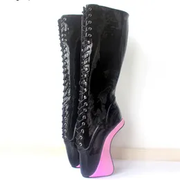 Women Boots Fashion Fetish Shiny PU Leather Shoes Ballet Boots 18CM Heelless Lace-Up Knee-High Russian Sexy Motorcycle Boots