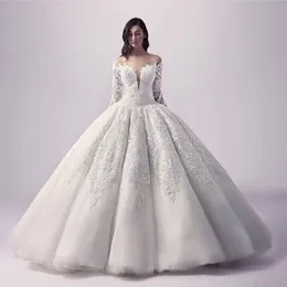 Romantic Off Shoulder Ball Gown Wedding Dresses 2018-2018 Lace Appliques Long Sleeves Bridal Gowns Custom Made Dubai Wedding Dress