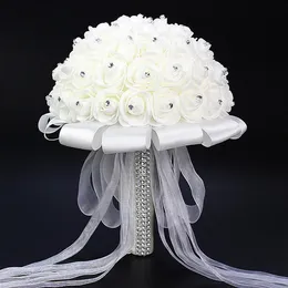 2021 Hot Sales Rose Artificial Bridal Flowers Bride Bouquet Wedding Bouquet Crystal Ivory Silk Ribbon New Buque De Noiva Cheap CPA818