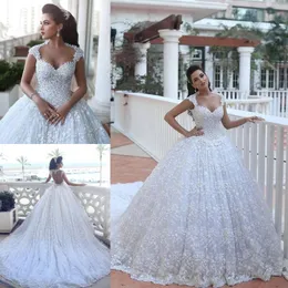 Cheap Arabic Ball Gown Wedding Dresses Sweetheart Full Lace Beads Bling Cap Sleeves Court Train Backless Plus Size Formal Bridal Gowns